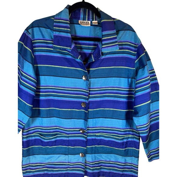 Vintage Chico's Jacket Blazer Women's Size Medium 100% Silk Striped‎ Blue Y2K - Picture 4 of 11